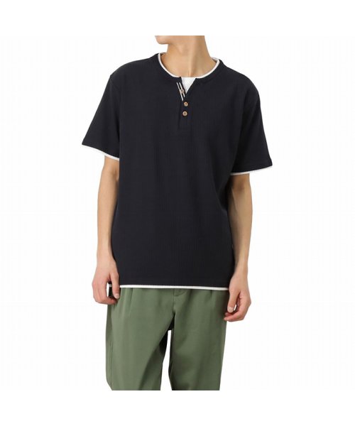 MAC HOUSE(men)(マックハウス（メンズ）)/NAVY ネイビー オーガニックコットン リブYヘンリーフェイクレイヤードTシャツ MH/03760SS/ネイビー