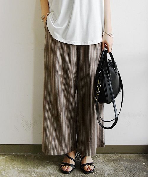 パンツ レディース 春 リネンタッチ2タックワイドパンツ M L 春夏秋 ボトムス ベージュ モカ ブラック 黒 キナリ モカカーキ ストライプ 無地 リネン アンドイット And It Magaseek