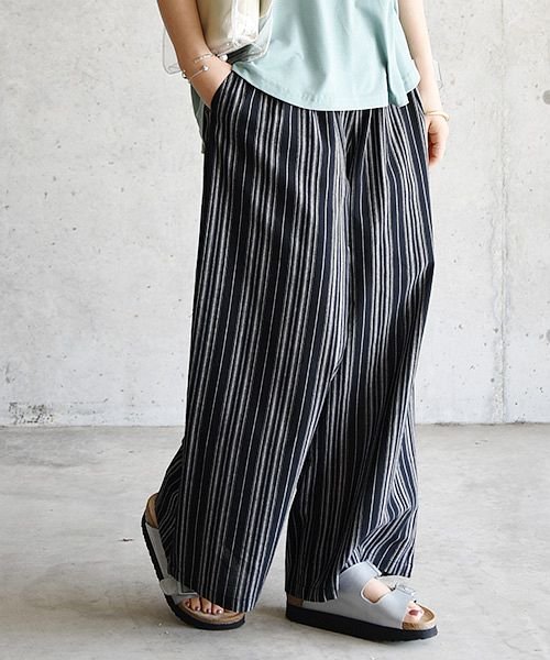 パンツ レディース 春 リネンタッチ2タックワイドパンツ M L 春夏秋 ボトムス ベージュ モカ ブラック 黒 キナリ モカカーキ ストライプ 無地 リネン アンドイット And It Magaseek