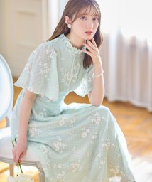 tocco closet(トッコクローゼット)/フラワー刺繍×ドットフレアスリーブシャーリングネックワンピース/Mint