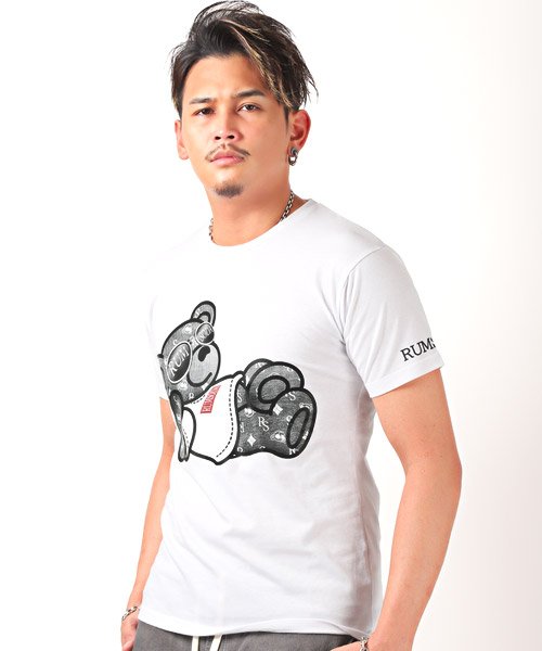 LUXSTYLE(ラグスタイル)/ベアプリントクルーネックTシャツ/Tシャツ メンズ 半袖 ベア プリント ロゴ クルーネック/ホワイト