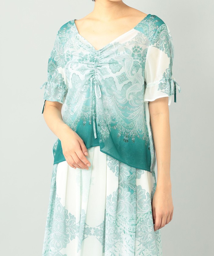 GRACECONTINENTAL エスニックプリントギャザートップ グリーン 36