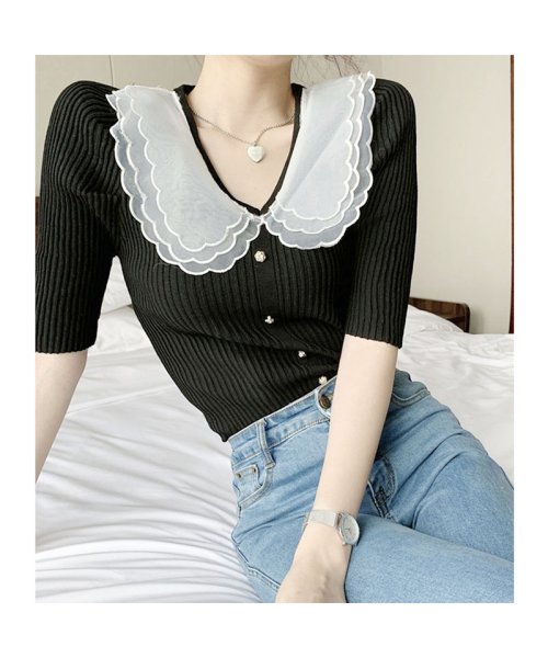 セール 襟付き Tシャツ 半袖トップス かわいい 5分袖 レース襟 カジュアル トレンドtシャツ 大きめ襟 夏服 Vネック セイヘイショップ Seiheishop Magaseek