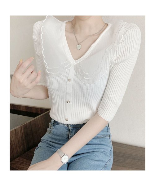 セール 襟付き Tシャツ 半袖トップス かわいい 5分袖 レース襟 カジュアル トレンドtシャツ 大きめ襟 夏服 Vネック セイヘイショップ Seiheishop Magaseek