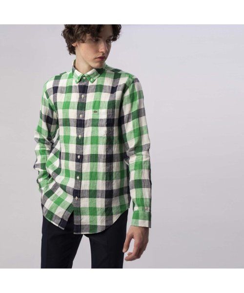 セール ブロックチェックリネンシャツ ラコステ メンズ Lacoste Mens Magaseek