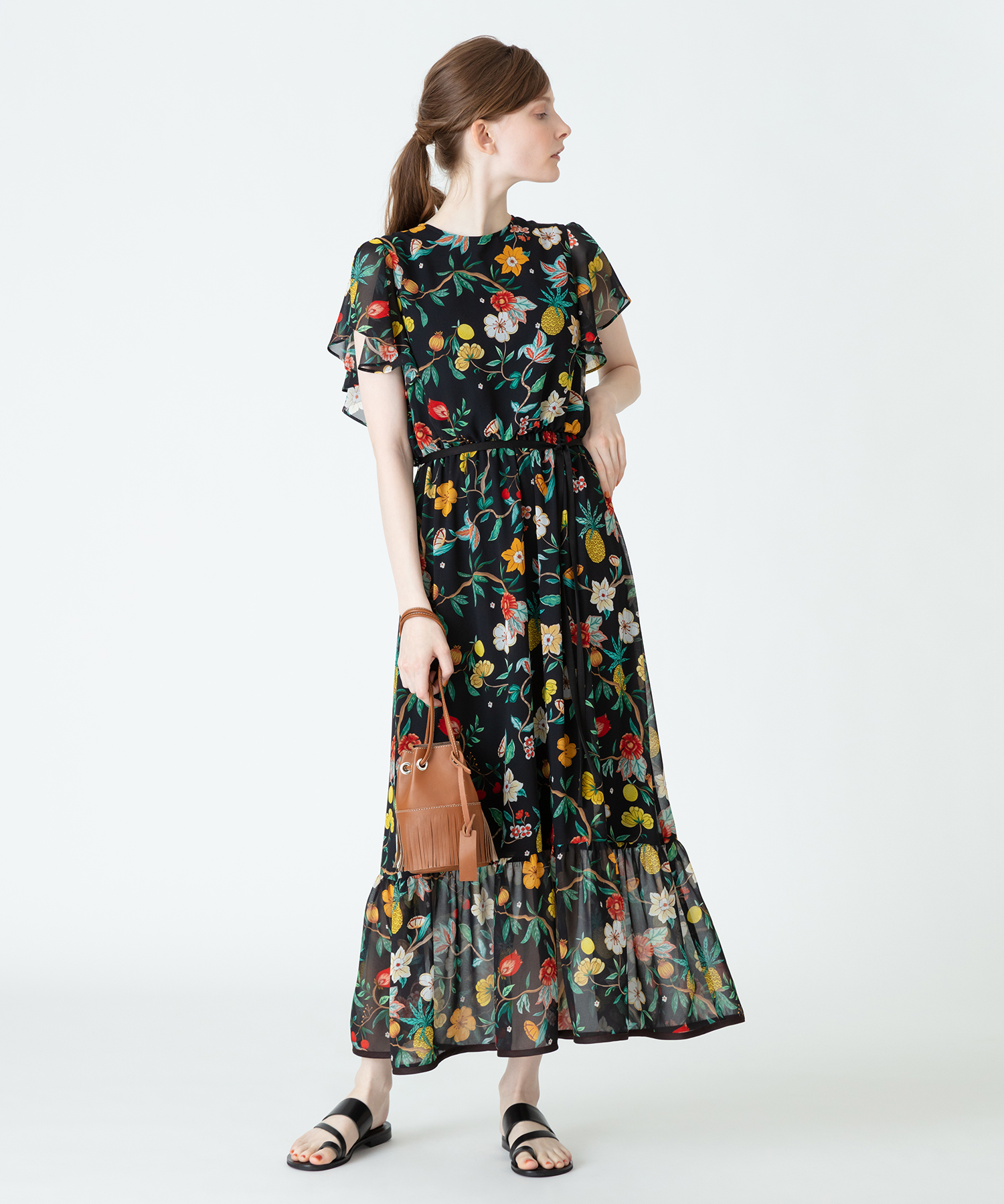 allureville ボタニカルフルーツプリントラッフルスリーブワンピース