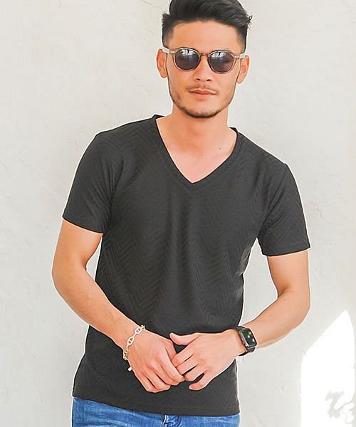 Cavaria リンクスヘリンボーン柄ストレッチ半袖vネックtシャツ メンズ トップス インナー カットソー シンプル B キャバリア Cavaria Magaseek