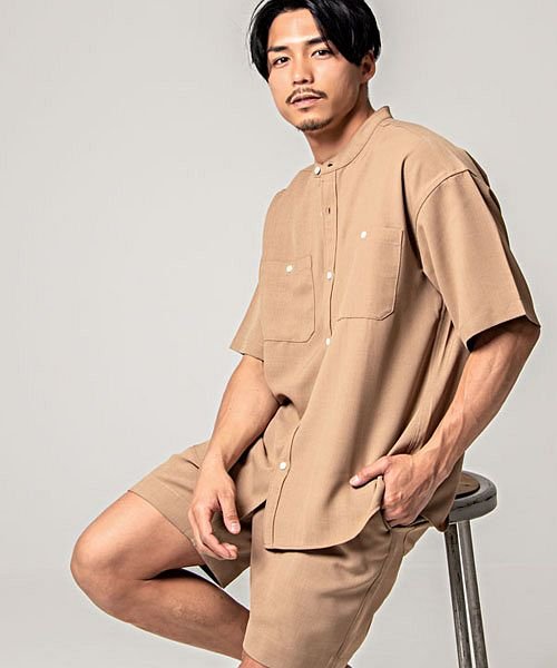 キャバリア Cavaria Cavaria 機能性テックリネンバンドカラー半袖シャツ ショーツセットアップ メンズ ハーフパンツ 短パン 通気性 B Magaseek