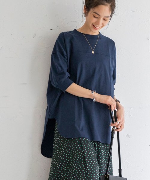 coen(coen)/UVカット機能付きシャツテールチュニックフットボールTシャツ/NAVY