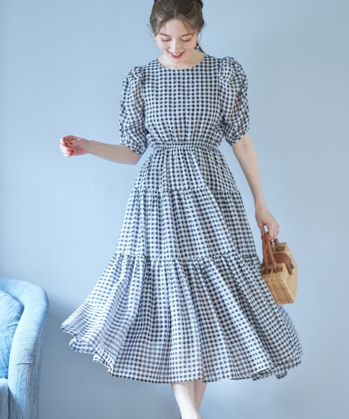 ギャザーボリュームスリーブシアーギンガムチェックティアードワンピース トッコクローゼット Tocco Closet Magaseek