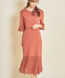 tocco closet(トッコクローゼット)/スカラップカット透かし編み切り替えフレアスリーブニットワンピース/TERACOTTA