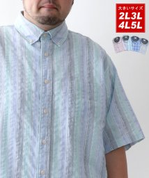 MARUKAWA(大きいサイズのマルカワ)/大きいサイズ 2L 3L 4L 5L 半袖 綿麻 ボタンダウンシャツ メンズ カジュアル コットン リネン チェック ストライプ/グリーン