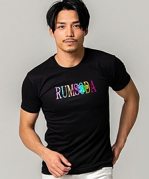SB Select(エスビーセレクト)/RUMSODA レインボー箔ロゴプリントクルーネック半袖Tシャツ メンズ クマ ベア 熊 ストリート カジュアル/ブラック