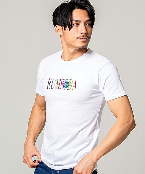 SB Select(エスビーセレクト)/RUMSODA レインボー箔ロゴプリントクルーネック半袖Tシャツ メンズ クマ ベア 熊 ストリート カジュアル/ホワイト