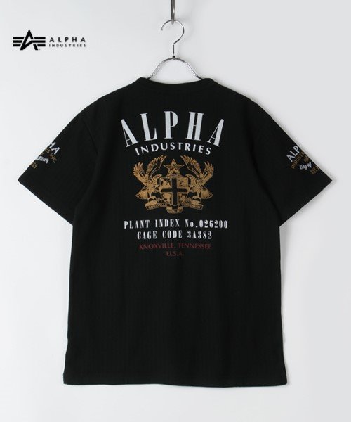 ALPHA INDUSTRIES(アルファインダストリーズ)/【ALPHA】 アルファ ヘリンボーンプリント半袖Tシャツ/ブラック