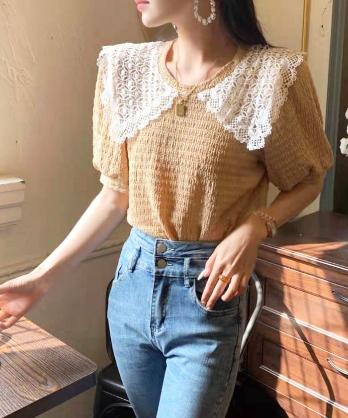 セール レース 襟レース プルオーバー ビッグカラー ジャガード 襟付きトップス 半袖 トップス レディース 韓国 ファッション 襟レースプルオーバー フューティアランド Futier Land Magaseek