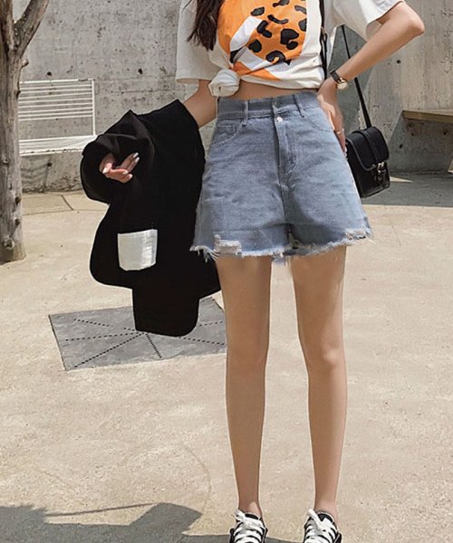 セール ショートパンツ デニム ハイウエスト レディース ショーパン 美脚ボトムス お洒落 ダメージ カジュアル 着痩せ ショッピングゴー Shoppinggo Magaseek