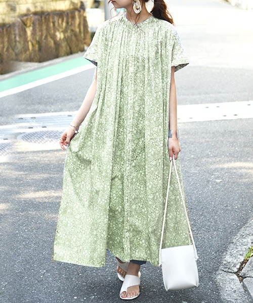 花柄 ワンピース レディース 春服 エミュラル emural 花柄コットンボイルギャザー半袖ワンピース【M-L】ワンピ 春夏 ロングワンピ ネイビー スモークグ
