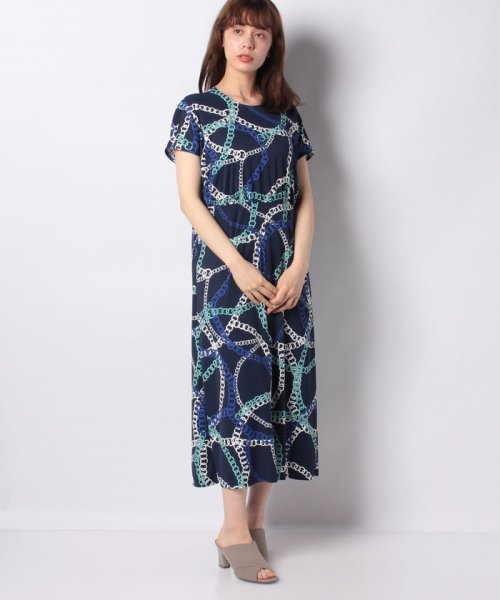 セール 洗える ポリエステルスムース チェーン柄ワンピース ラピーヌ ブルー Lapine Bleue Magaseek
