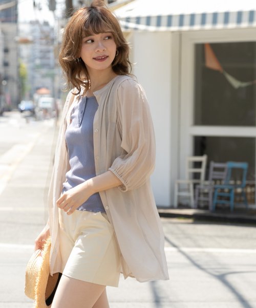 セール シアーひさしスリーブブラウス パフスリーブ 袖コンシャス チュニック ロング丈 シャツ シャツワンピース 半袖 5分袖 7分袖 ギャザー スクエア シースルー アドティエ Ad Thie Magaseek