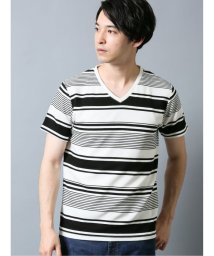 TAKA-Q(タカキュー)/杢リップルボーダー Vネック半袖Tシャツ/ブラック