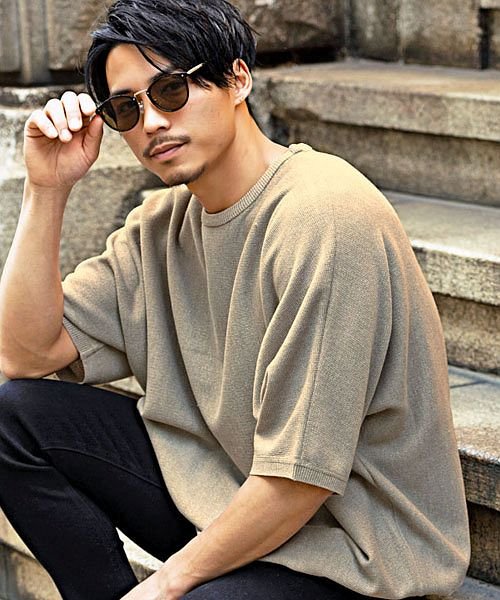 Cavaria 12gミラノリブクルーネックドルマンスリーブニットサマーニット メンズ 薄手 C キャバリア Cavaria Magaseek