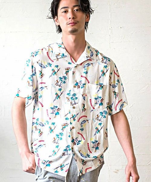 セール ビッチ Vicci Vicci 総柄レーヨンオープンカラ 半袖シャツ メンズ トップス アロハシャツ 総柄シャツ ボタニカル柄 花柄 C Magaseek