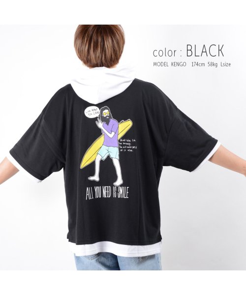セール イラスト フェイクレイヤード Tパーカー パーカー 半袖 メンズ 半袖パーカー レディース Tシャツ フード 半袖 トップス ビッグシルエット パーカ 夏 ワンフォークロージング 1111clothing Magaseek
