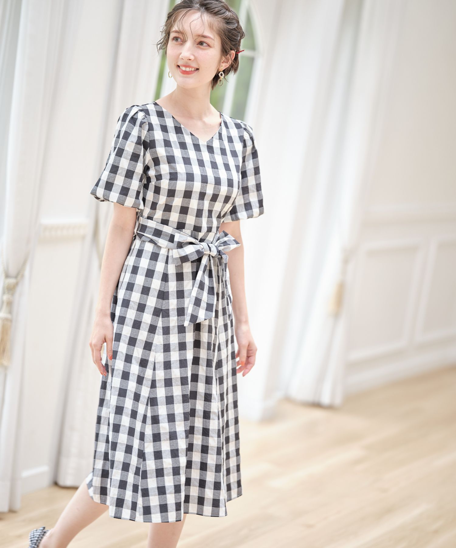 ウエストりぼん付きボリュームスリーブギンガムチェックワンピース トッコクローゼット Tocco Closet Magaseek