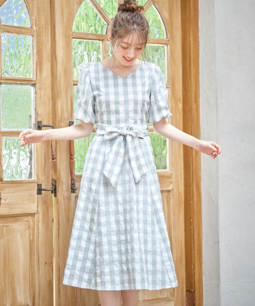 ウエストりぼん付きボリュームスリーブギンガムチェックワンピース トッコクローゼット Tocco Closet Magaseek