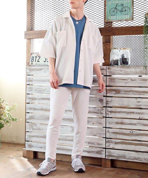 TopIsm(トップイズム)/上下セット/オープンカラーシャツジャケットとワイドパンツ韓国ファッション/ホワイト