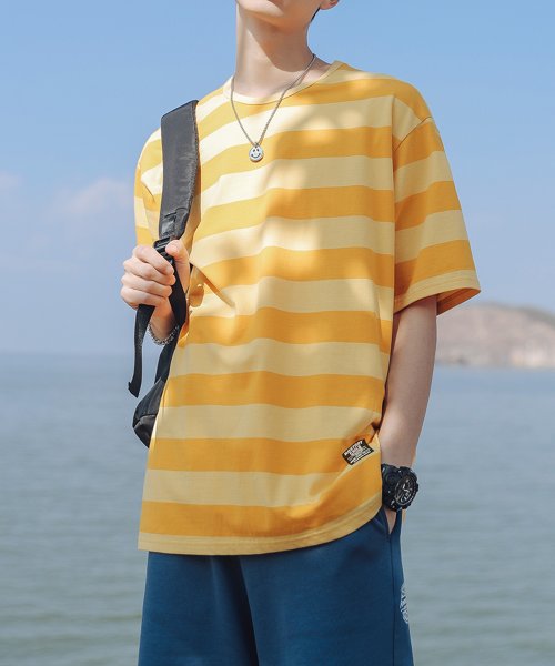 HOOK(HOOK（フック）)/配色ボーダー柄半袖tシャツ オーバーサイズ Tシャツ/オレンジ