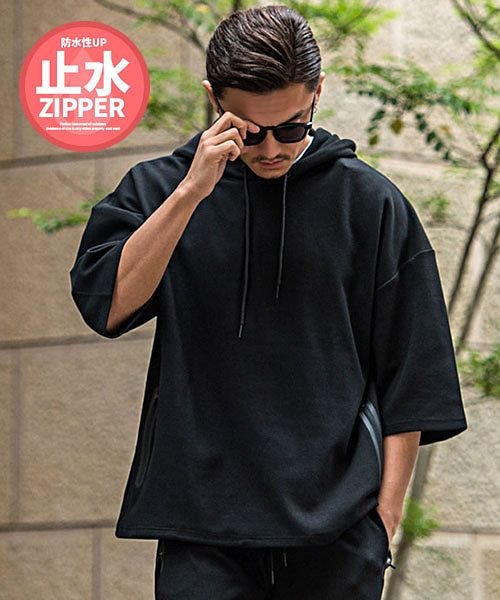 Cavaria 止水ジップサイドポケット付き半袖プルオーバービッグパーカー メンズ プルパーカー 大きめ 半袖tシャツ 大人 カジュアル セットアップ可能 ビッ キャバリア Cavaria Magaseek