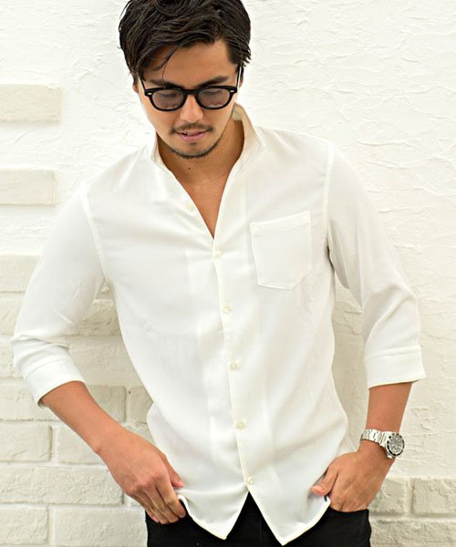 クーポン Cavaria ワイヤー入りイタリアンカラー7分袖ストライプシャツ メンズ 七分袖 ワイヤー襟 立襟 B キャバリア Cavaria Magaseek