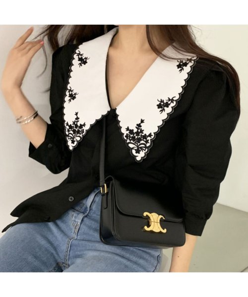 セール Jasmine Grandiflorum モノクロ刺繍襟ブラウス 韓国ファッション Aimoha アイモハ Aimoha Magaseek