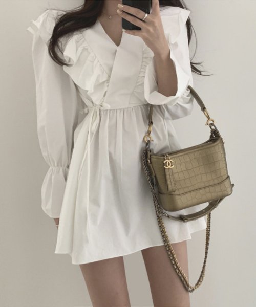 aimoha(aimoha（アイモハ）)/【Jasmine Grandiflorum】 カシュクールフリルコットンワンピース 韓国ファッション/ホワイト