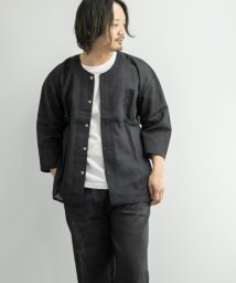 Nylaus(ナイラス)/シジラ織り ノーカラー半袖シャツ/クロップドパンツ パジャマ上下セット/ブラック