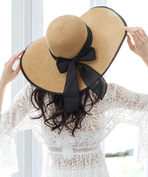 ジュリアブティック Julia Boutique パイピングストローハット 帽子 ストローハット レディース 麦わら帽子 つば広 帽子 ハット 夏 女優帽 リボン ベージュ きれいめ おしゃれ Magaseek