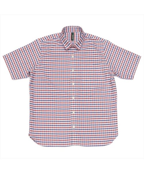 Pitta Re:)(ピッタリ)/形態安定 ワイド衿 ラウンドテール 綿100％ 半袖シャツ/ピンク・レッド