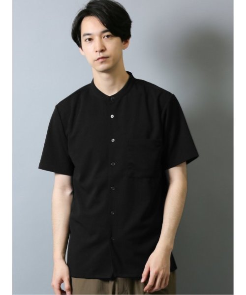 TAKA-Q(タカキュー)/カットジョーゼット バンドカラー半袖シャツ/ブラック