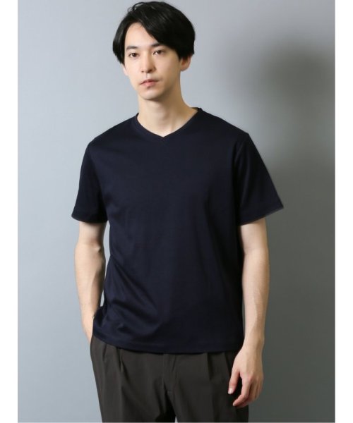 TAKA-Q(タカキュー)/シルケットジャガード Vネック半袖Tシャツ/ネイビー