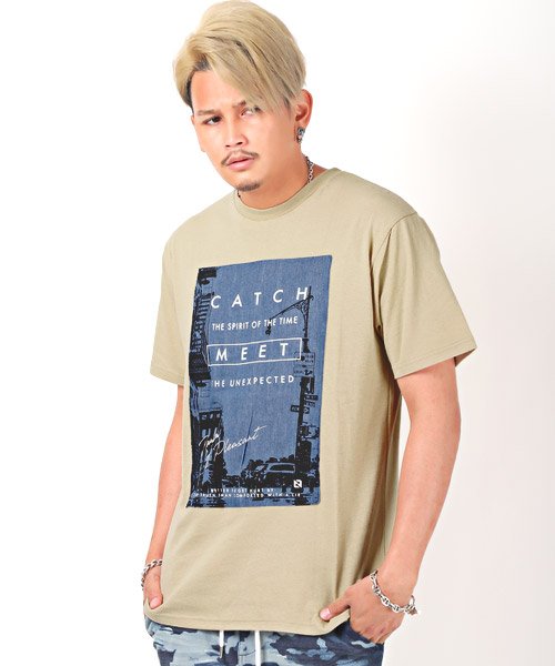 デニムプリント貼り付けtシャツ Tシャツ メンズ 半袖 デニム 貼り付け ロゴ フォト プリント ラグスタイル Luxstyle Magaseek