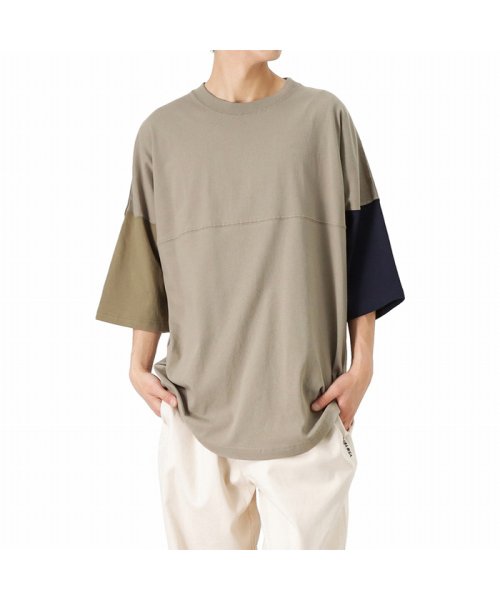 MAC HOUSE(men)(マックハウス（メンズ）)/UNITED ユナイテッド 切替ビッグ半袖Tシャツ 2U1－11605/配色ライトベージュ