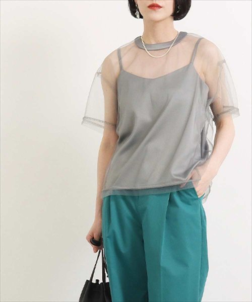 AULI(アウリィ)/【低身長向けサイズ】チュールTシャツ+キャミソールセット/グレー