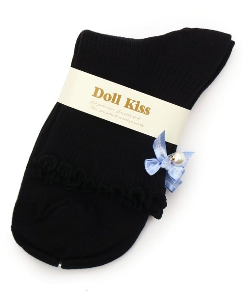 DollKiss(ESPERANZA／DollKiss)/13色展開リボン付きメローリブクルーソックス　靴下/ブラック/ブルー（992）
