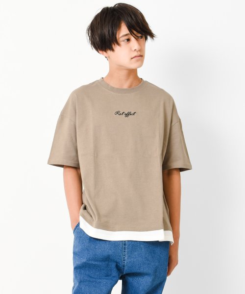 RAT EFFECT(ラット エフェクト)/裾レイヤードロゴ刺繍Tシャツ/ベージュ