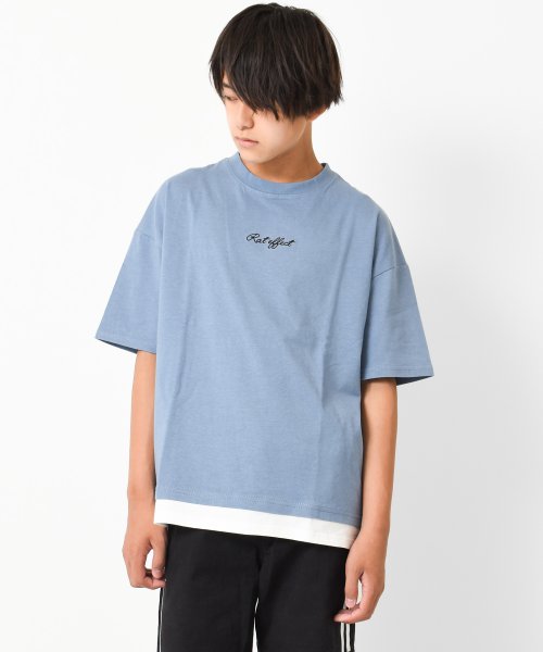 RAT EFFECT(ラット エフェクト)/裾レイヤードロゴ刺繍Tシャツ/ライトブルー