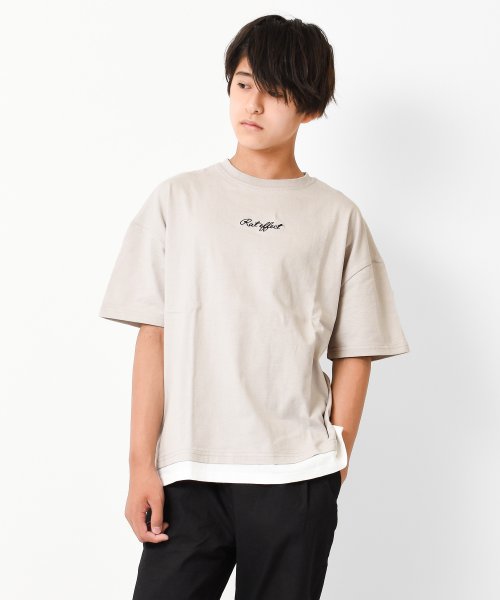 RAT EFFECT(ラット エフェクト)/裾レイヤードロゴ刺繍Tシャツ/ライトグレー