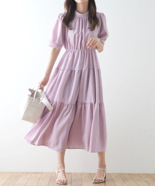 セール ティアード ワンピース 上品 ワンピ ロング丈 マキシ丈 パワショル バルーン袖 ぽわん袖 着痩せ 体型カバー フリル 半袖 オケージョン 韓国 ファッション フューティアランド Futier Land Magaseek