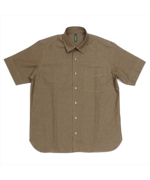 Pitta Re:)(ピッタリ)/形態安定 ワイド衿 ラウンドテール 和紙混 半袖シャツ/ベージュ・ブラウン